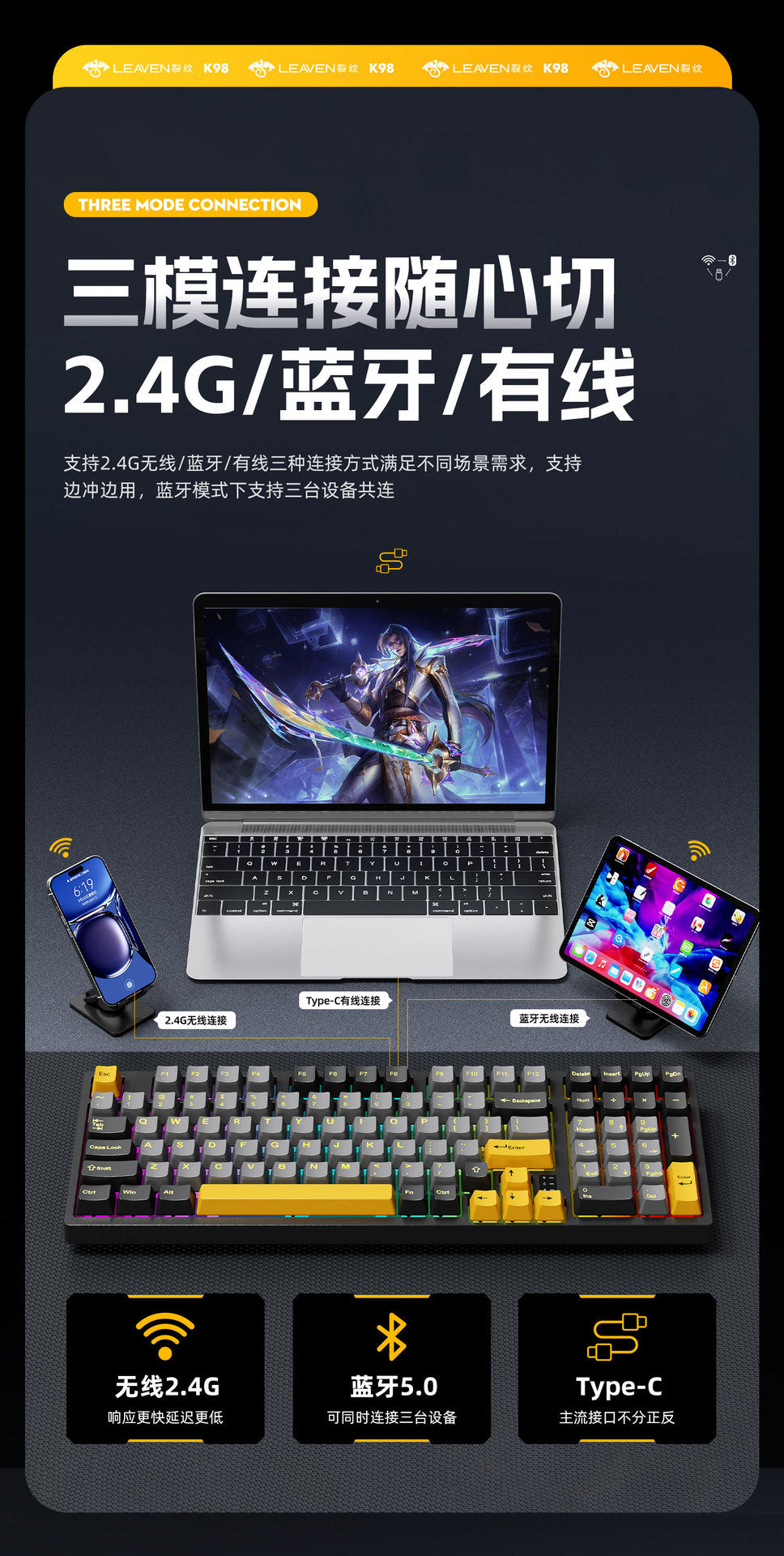 Wireless Mechanical Keyboard – 98 Keys, RGB, Bluetooth & 2.4GHz, Hot-Swap USB-C
