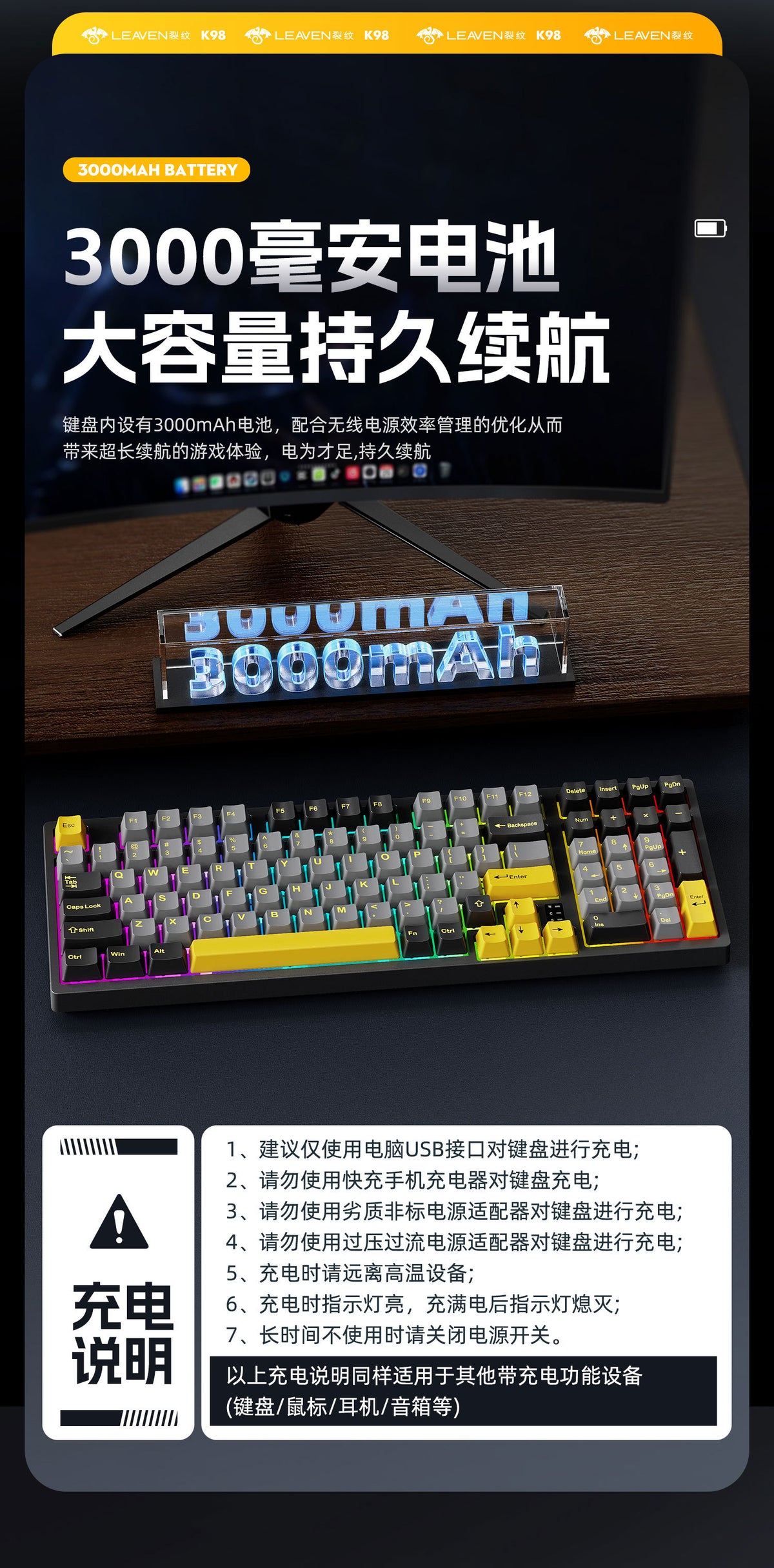 Wireless Mechanical Keyboard – 98 Keys, RGB, Bluetooth & 2.4GHz, Hot-Swap USB-C