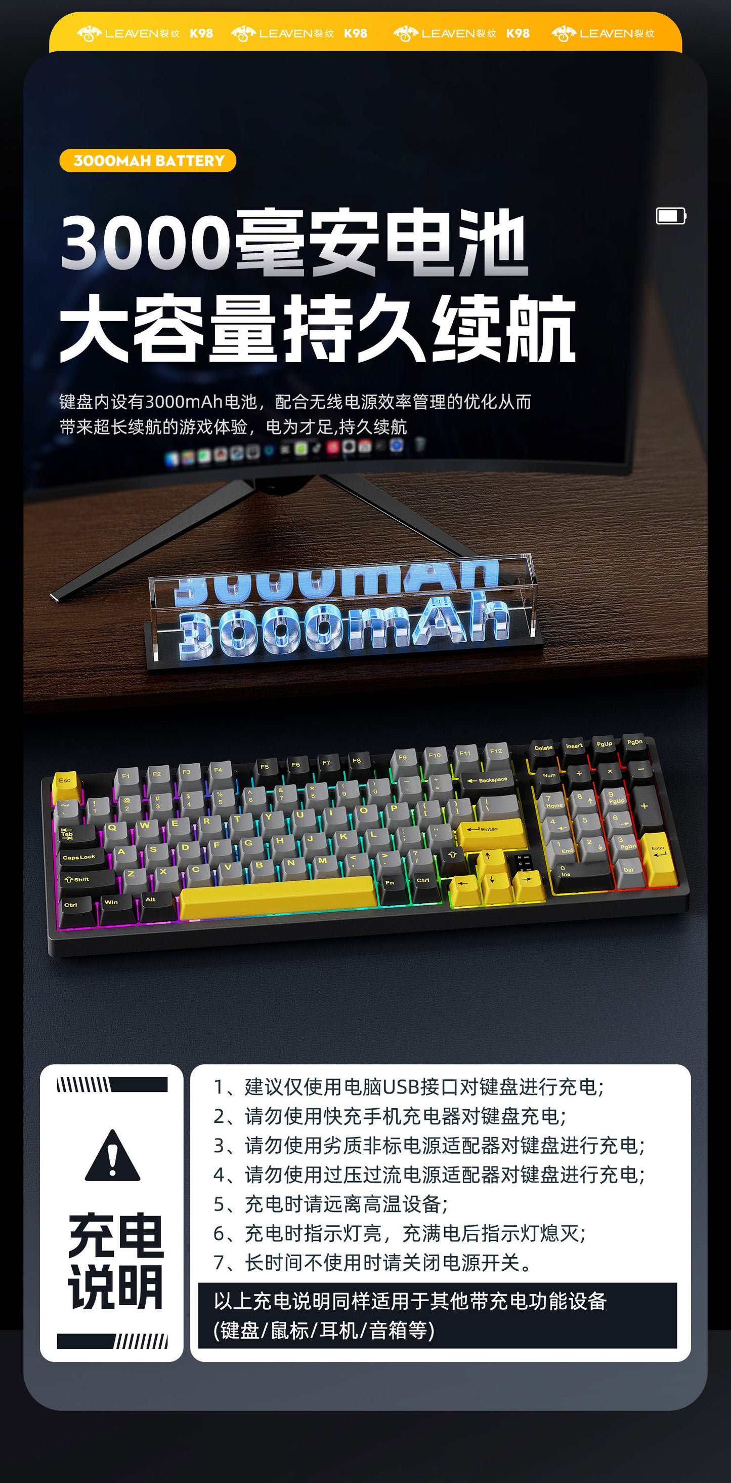 Wireless Mechanical Keyboard – 98 Keys, RGB, Bluetooth & 2.4GHz, Hot-Swap USB-C
