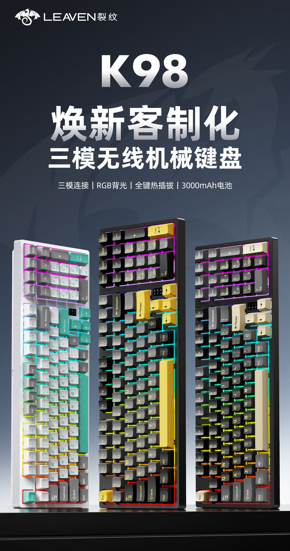 Wireless Mechanical Keyboard – 98 Keys, RGB, Bluetooth & 2.4GHz, Hot-Swap USB-C
